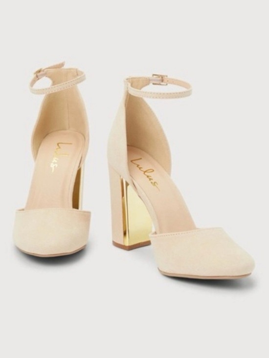 Lulus Shoes - Lulu's Nude Ankle-Strap Block Heels with Gold Metallic Heel